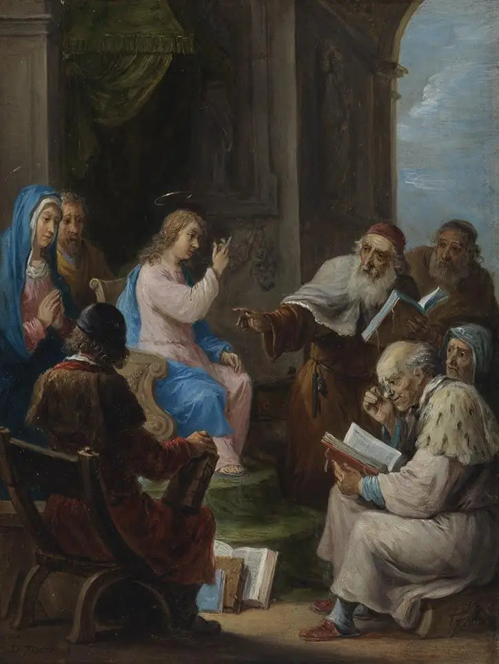 De femten hemmeligheder af rosenkransen: Den tolvårige Kristus blandt templet lærde - David Teniers den Yngre