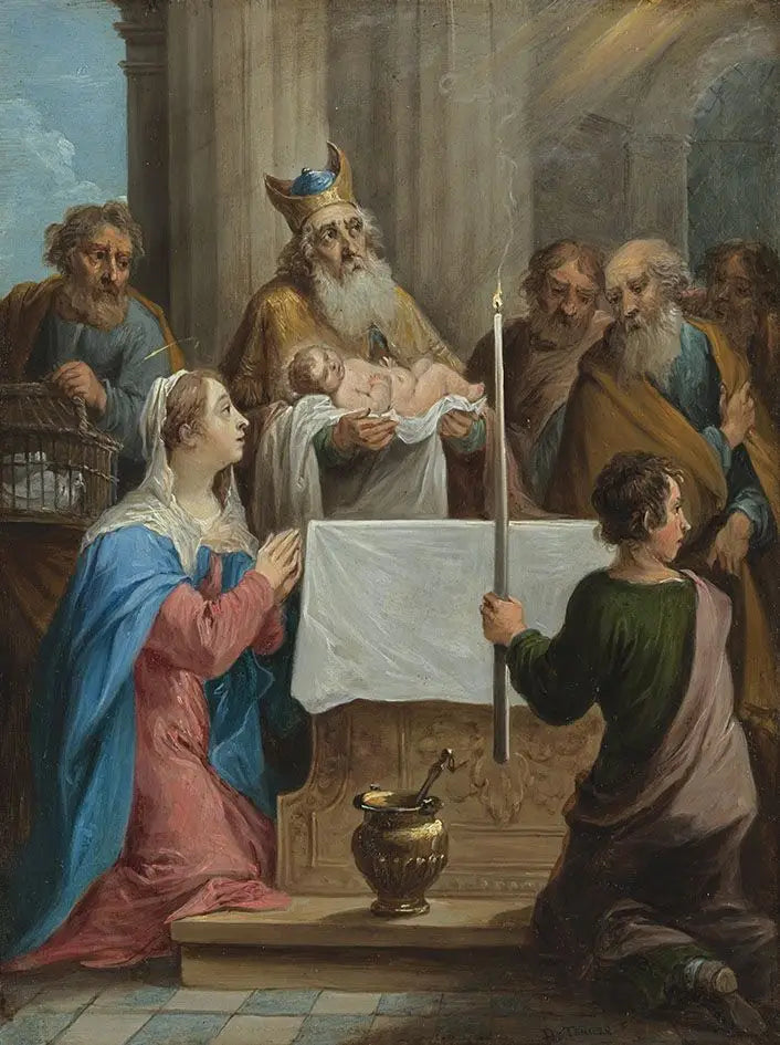 De femten hemmeligheder af rosenkransen: Simeon og Jesusbarnet i templet - David Teniers den Yngre