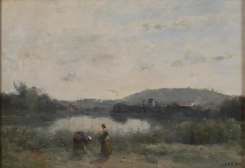 Flodbredden af en flod domineret i det fjerne af bakker - Jean-Baptiste Camille Corot