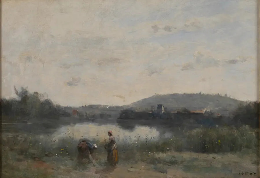 Flodbredden af en flod domineret i det fjerne af bakker - Jean-Baptiste Camille Corot