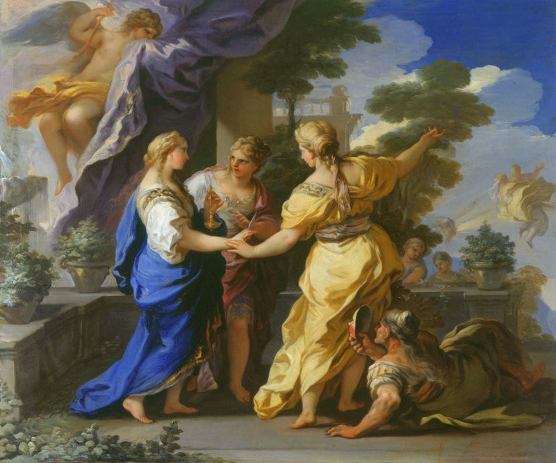 Psychés søstre giver hende en lampe og en dolk. - Luca Giordano