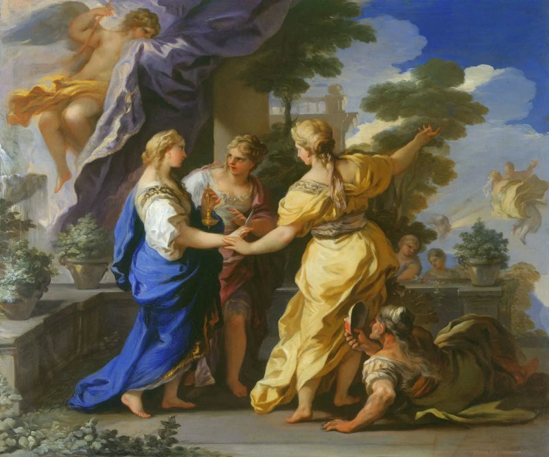 Psychés søstre giver hende en lampe og en dolk. - Luca Giordano