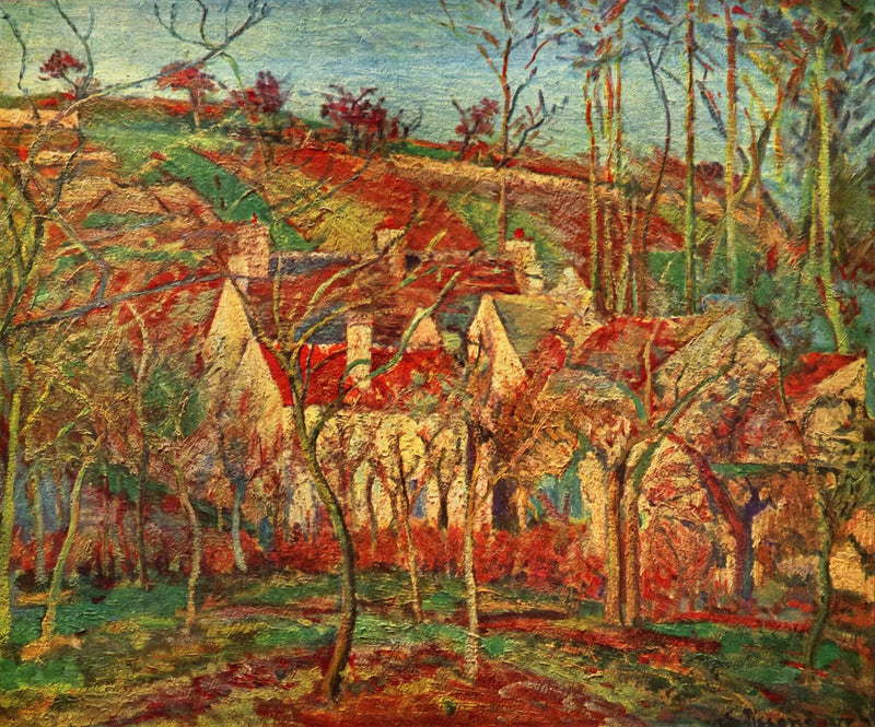 De røde tage, landsbyhjørne, vintereffekt - Camille Pissarro
