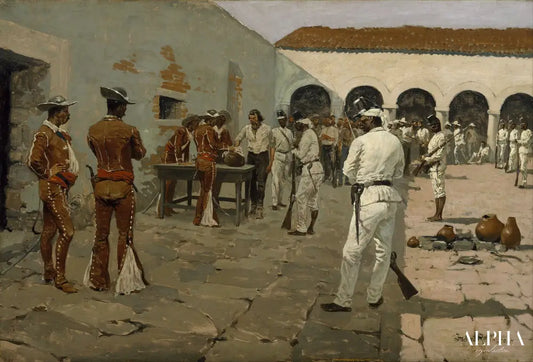 L'expédition Mier : Le dessin du haricot noir (Les prisonniers dessinent leurs haricots) - Frederic Remington - Reproductions de tableaux et peintures haut de gamme