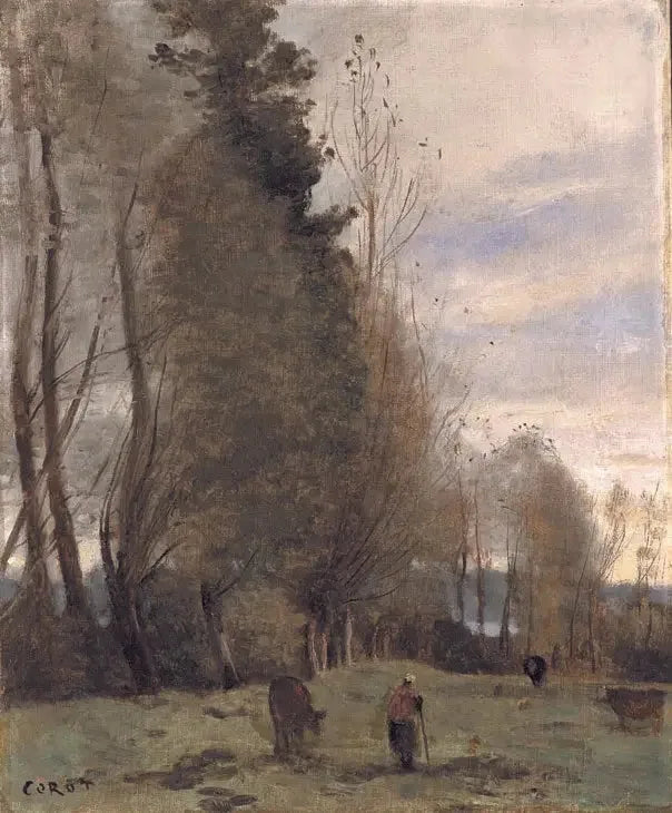 Ranchens hvilested, bonde og tre køer - Jean-Baptiste Camille Corot