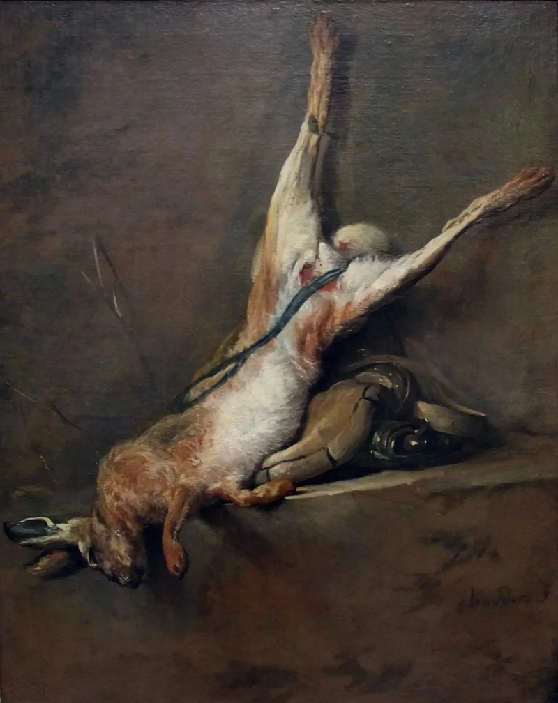Død hare med pulverpære og jagttaske - Jean Siméon Chardin
