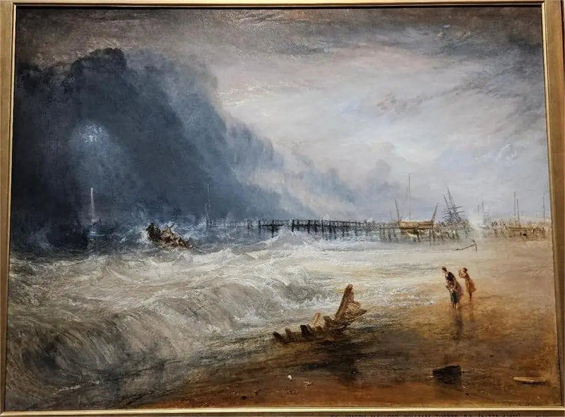 Redningsbåd og Manby-apparat, der går ud til et strandet skib og sender nødsignalet (blå lys) - J. M. W. Turner