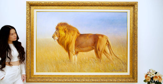 Lion dans la savane | 150 x 100 cm Reproductions de tableaux à la peinture à l’huile