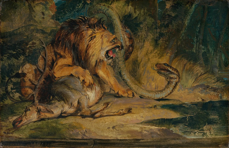 Løve, der forsvarer sit bytte - Edwin Henry Landseer