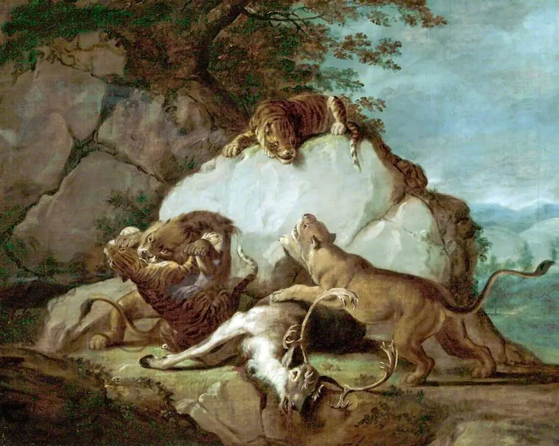 Løver og tigre, der kæmper om en hjort - George Stubbs