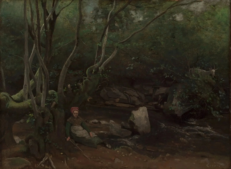 Lormes, En hyrdeinde siddende ved bredden af en flod under træer - Jean-Baptiste Camille Corot