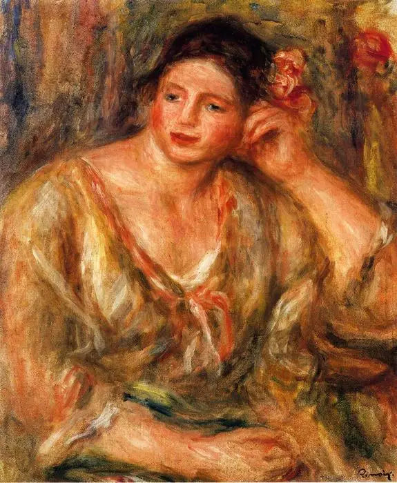 Madeleine lænet op ad sin albue med blomster i håret - Pierre-Auguste Renoir