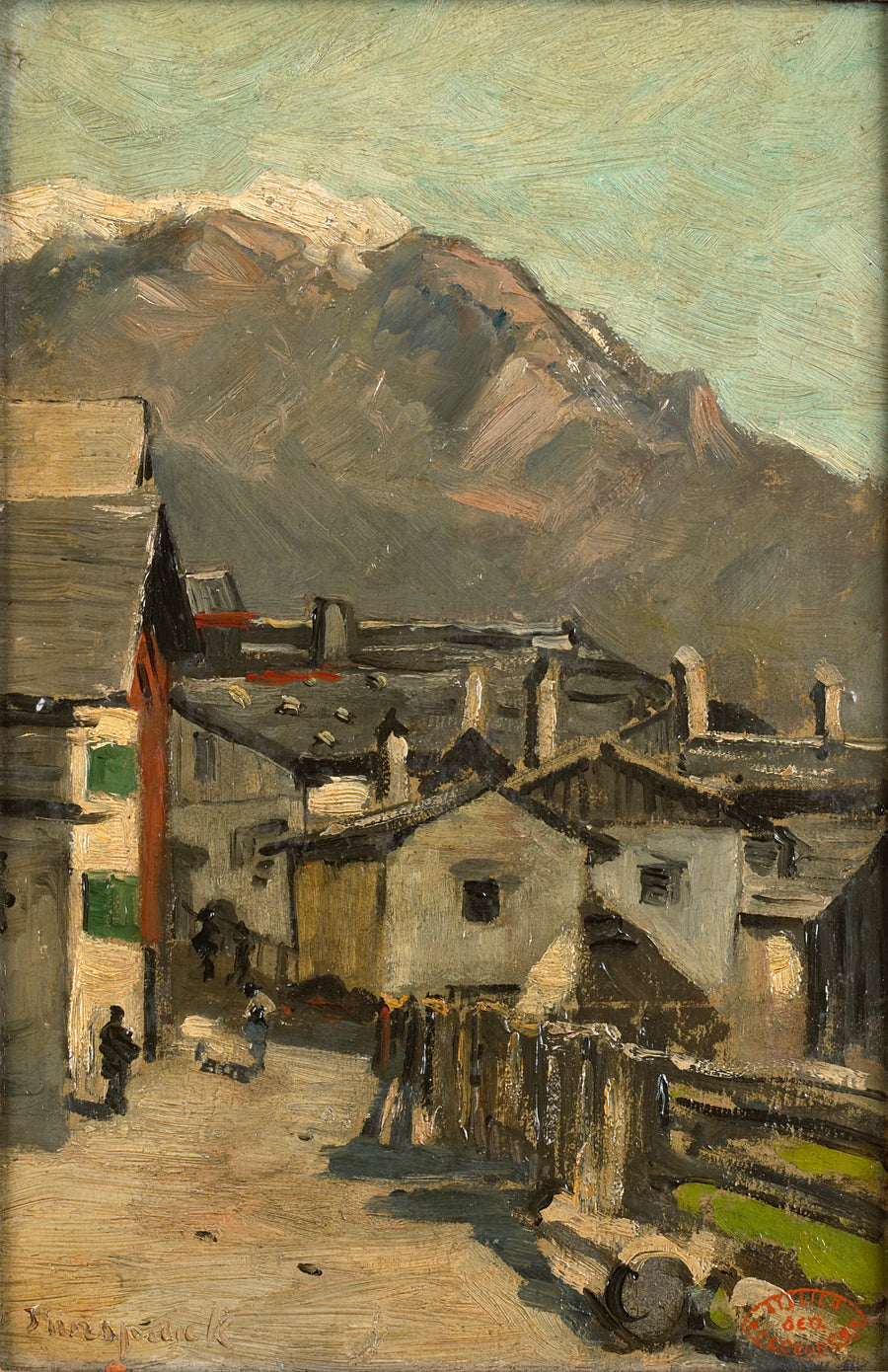 Maisons de campagne situées sur une route derrière laquelle se trouve une haute montagne (Innsbruck ?) - Geo Poggenbeek