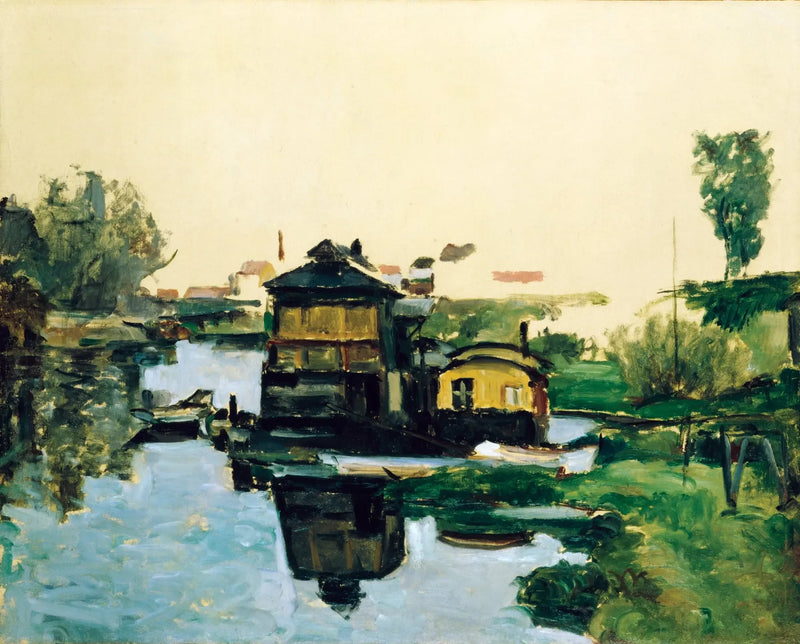 Flydende huse på en flod - Paul Cézanne