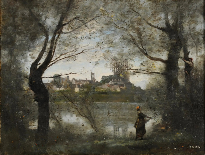 Mantes, katedralen og byen set gennem træerne, om aftenen - Jean-Baptiste Camille Corot