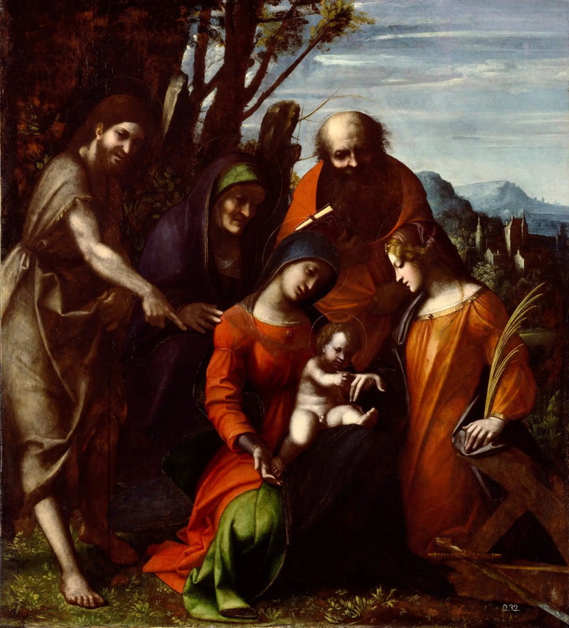 Mystisk bryllup af Sankt Katharina af Alexandria og tre helgener i et landskab - Antonio da Correggio