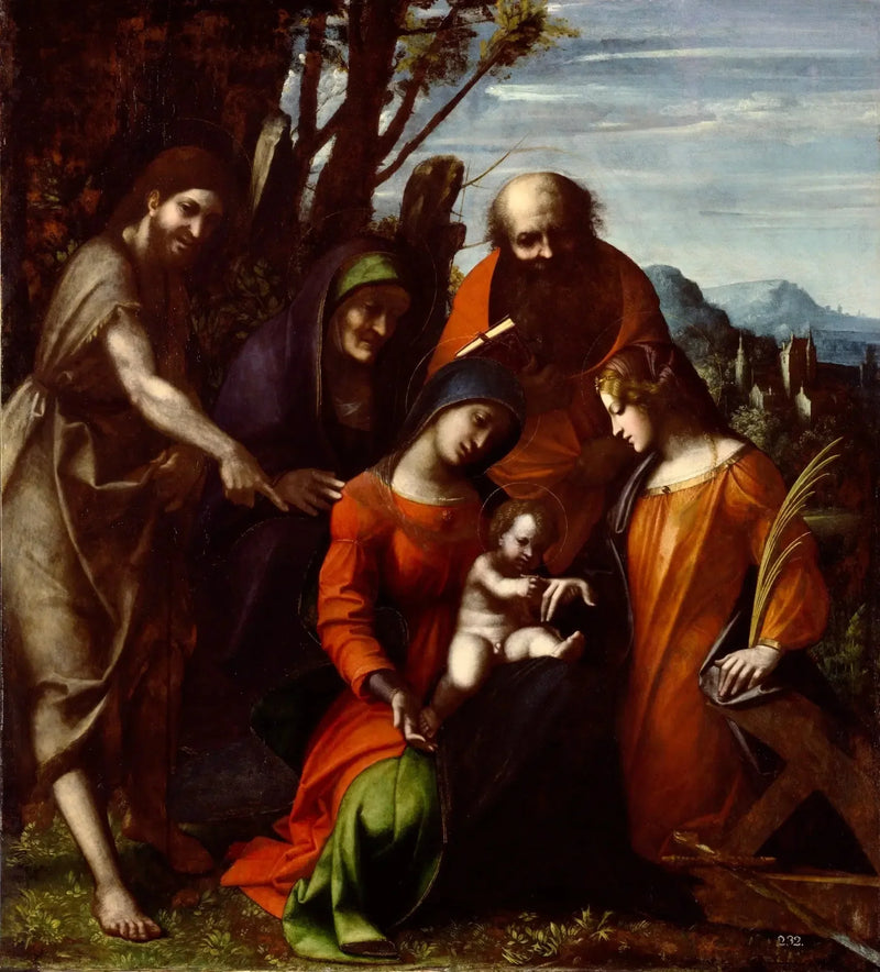 Mystisk bryllup af Sankt Katharina af Alexandria og tre helgener i et landskab - Antonio da Correggio