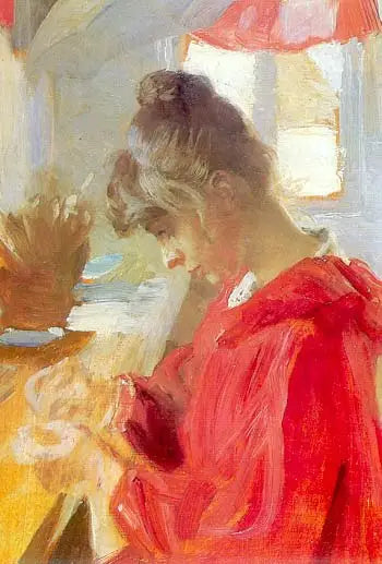 Marie sidder ved et bord og syr - Peder Severin Krøyer