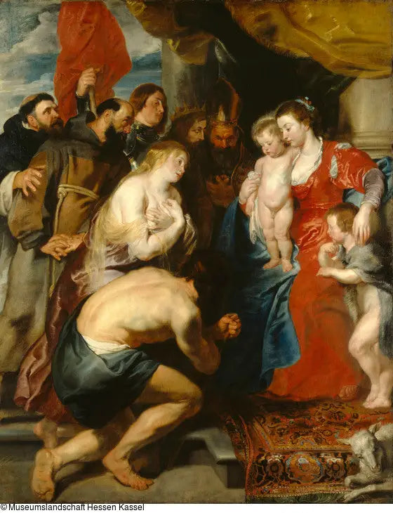 Marie og Jesus med Sankt Johannes, æret af de angrende syndere og de hellige (ca. 1619) - Peter Paul Rubens