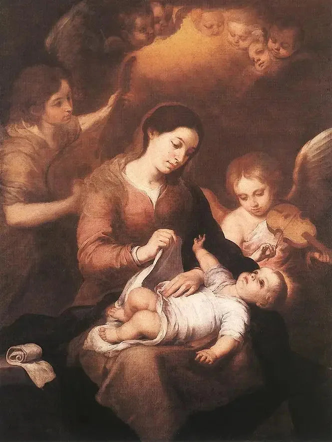 Marie et l'Enfant med engle, der spiller musik - Bartolomé Esteban Murillo
