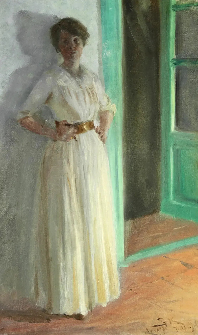 Marie Krøyer. Portræt i fuld figur. Aften ved gadelygternes skær på terrassen. - Peder Severin Krøyer