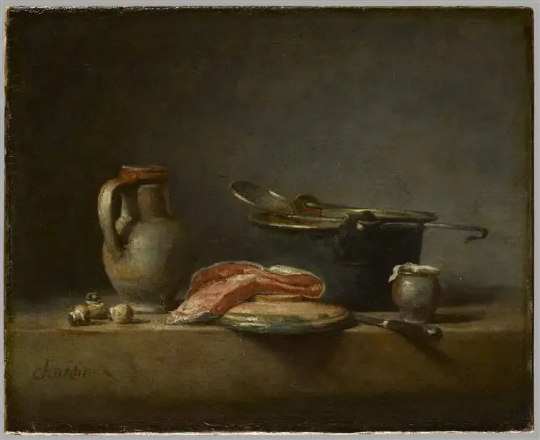 Kobbergryde, skummer, kande og skive af laks - Jean Siméon Chardin