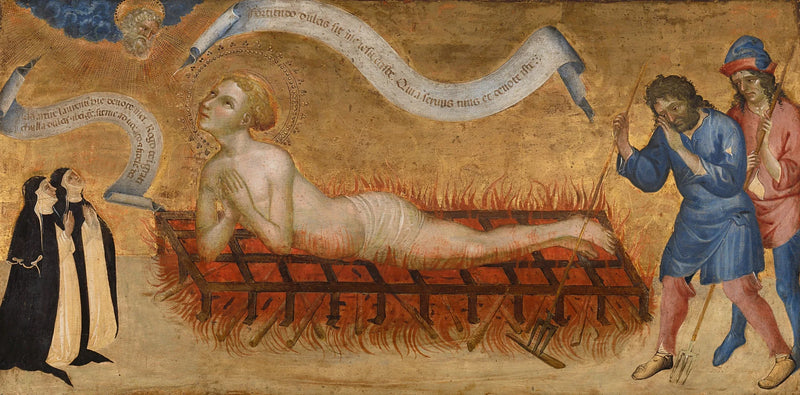 Saint Laurent-martyriet med to benediktinske nonner - Giovanni di Paolo