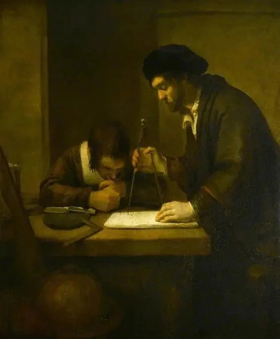 Matematikeren, en lærerig med divisorer og en vinkelmåler ved et bord i sit kontor assisteret af en elev - Rembrandt