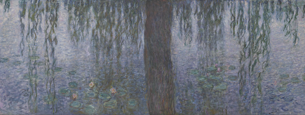Détail du saule, des nymphéas et du ciel laiteux reflété dans Le Matin clair aux saules