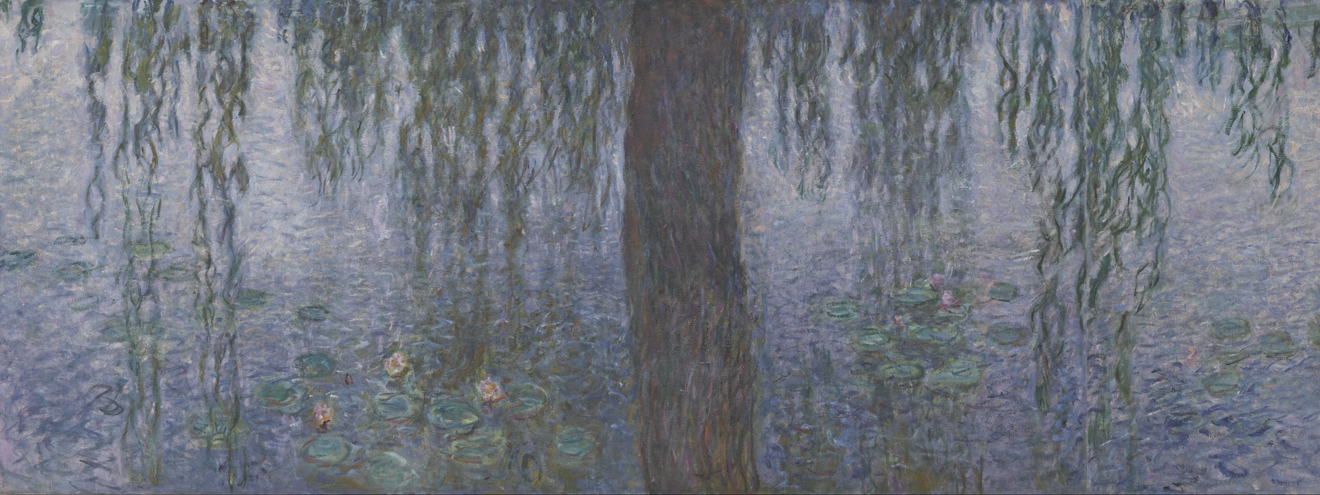 Détail du saule, des nymphéas et du ciel laiteux reflété dans Le Matin clair aux saules