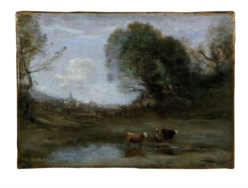 Morgen: Landskab med to køer og en silhuet - Jean-Baptiste Camille Corot