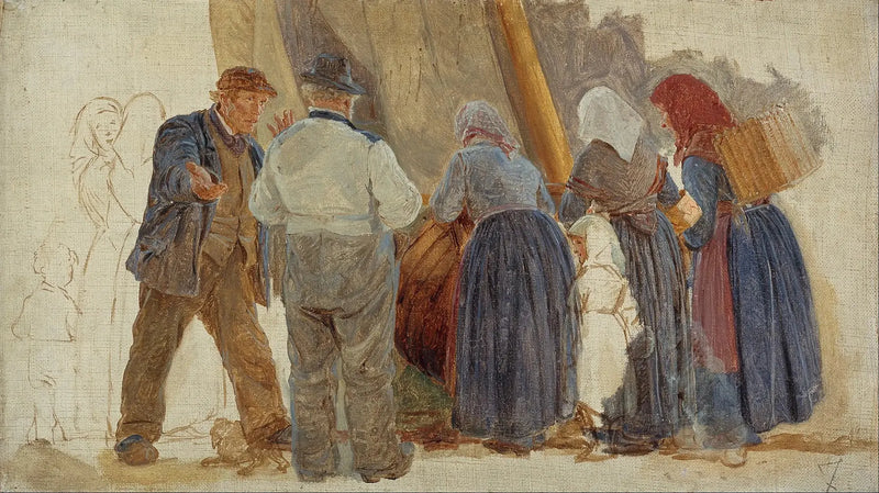 Morgen i Hornbæk. Mænd og kvinder forhandler - Peder Severin Krøyer
