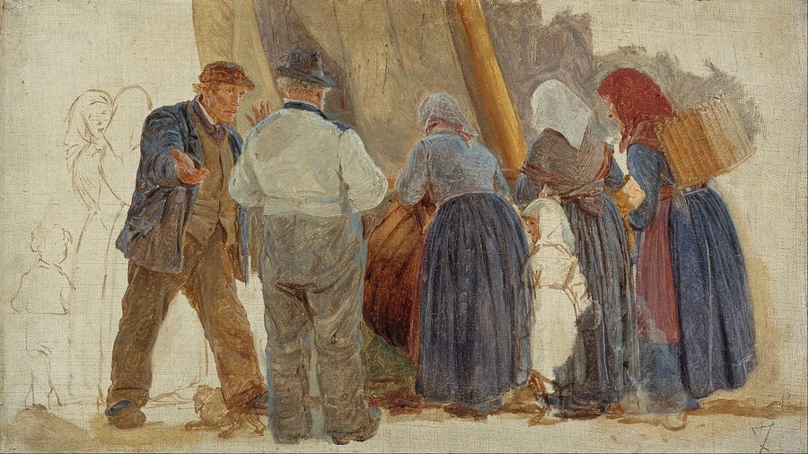 Morgen i Hornbæk. Mænd og kvinder forhandler - Peder Severin Krøyer