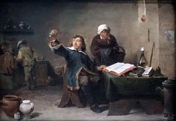 Landsbylæge, der undersøger en urinprøve - David Teniers den Yngre