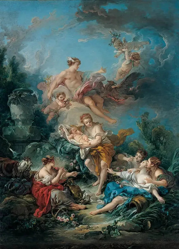 Merkur tillidsfuldt barnet Bacchus til nymferne i Nysa - François Boucher
