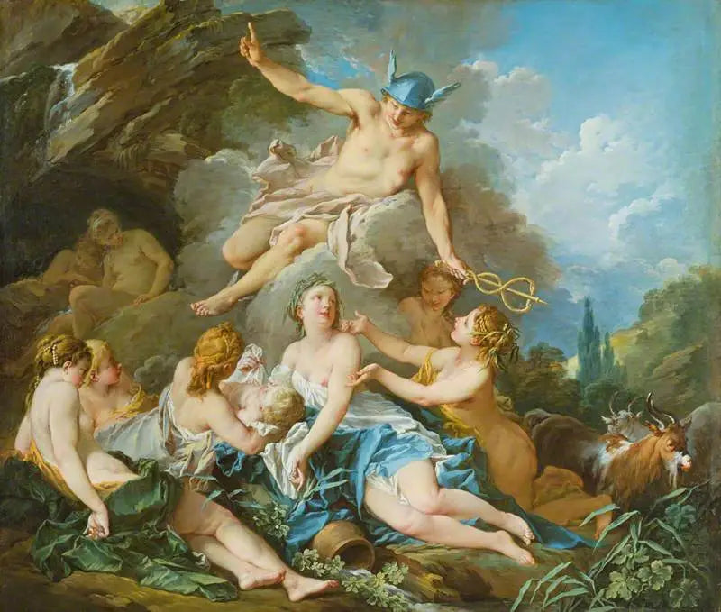 Merkur, der betror barnet Bacchus til nymferne - François Boucher