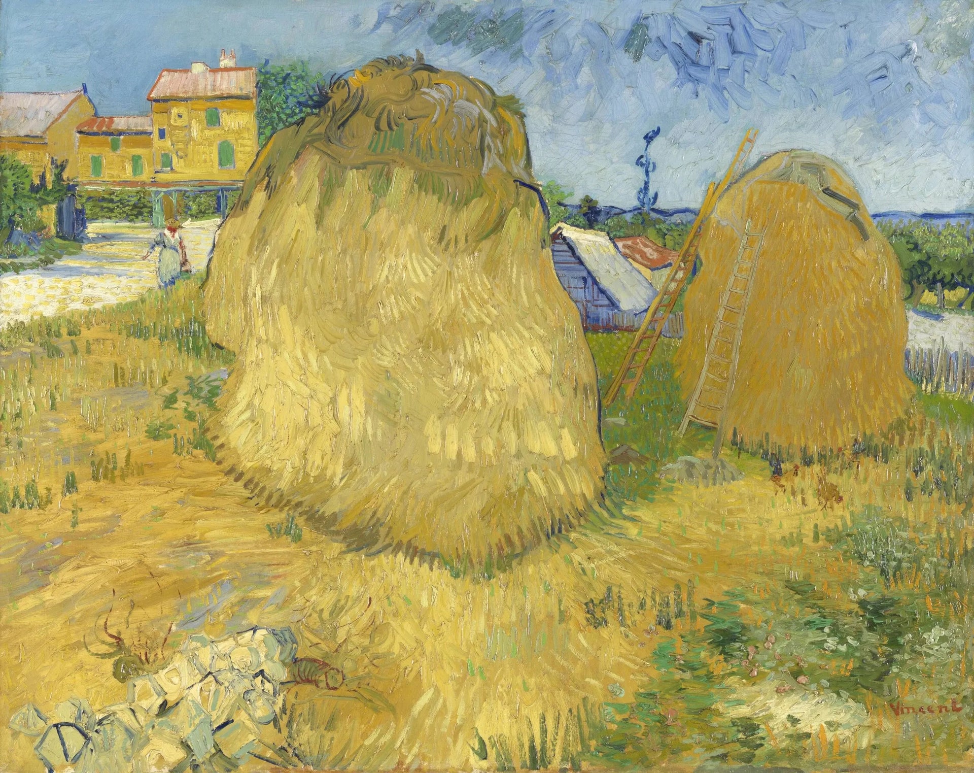 Meules de blé en Provence, F425 — deux grandes meules dorées et une échelle peintes par Vincent van Gogh
