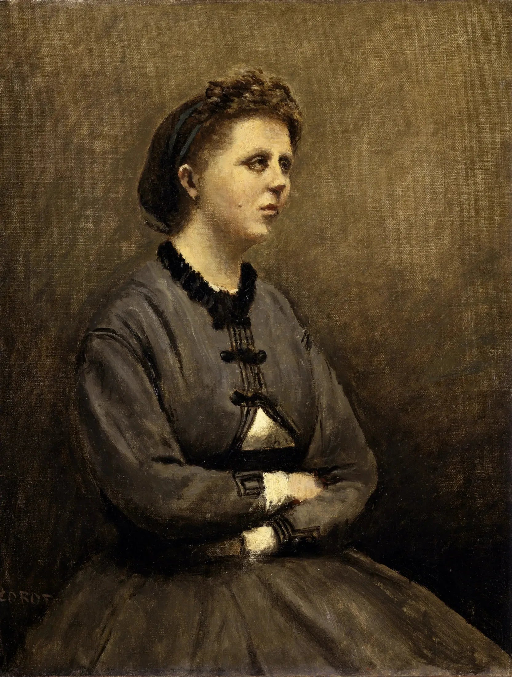 Mme de Larochenoire, épouse du peintre (Mme de Larochenoire, femme du peintre) - Jean-Baptiste Camille Corot image 1 copie de tableau peinte à la main