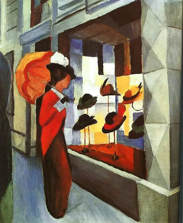 Mode: Kvinde med parasol foran modistens butik - August Macke
