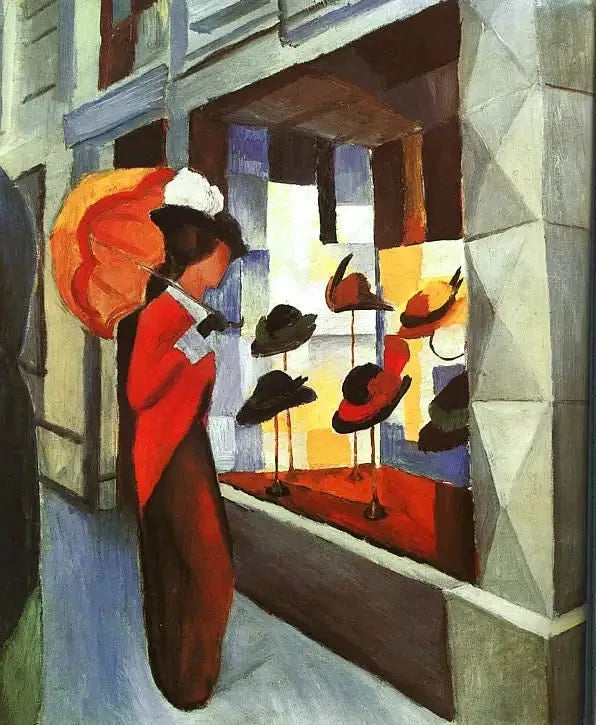 Mode: Kvinde med parasol foran modistens butik - August Macke