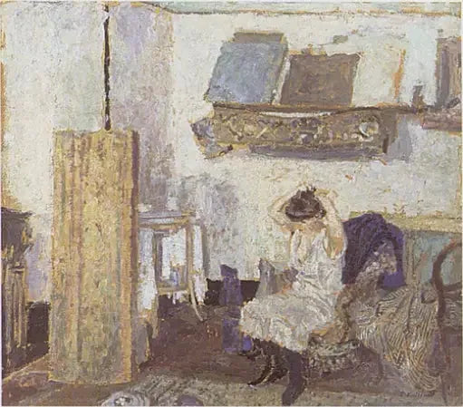 Model siddende i en lænestol, børster håret - Édouard Vuillard