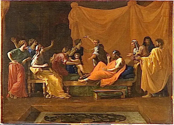 Moses som barn tramper på Faraos krone - Nicolas Poussin