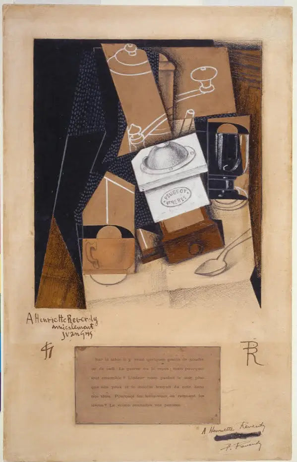 Kaffekværn, kop og glas på et bord - Juan Gris