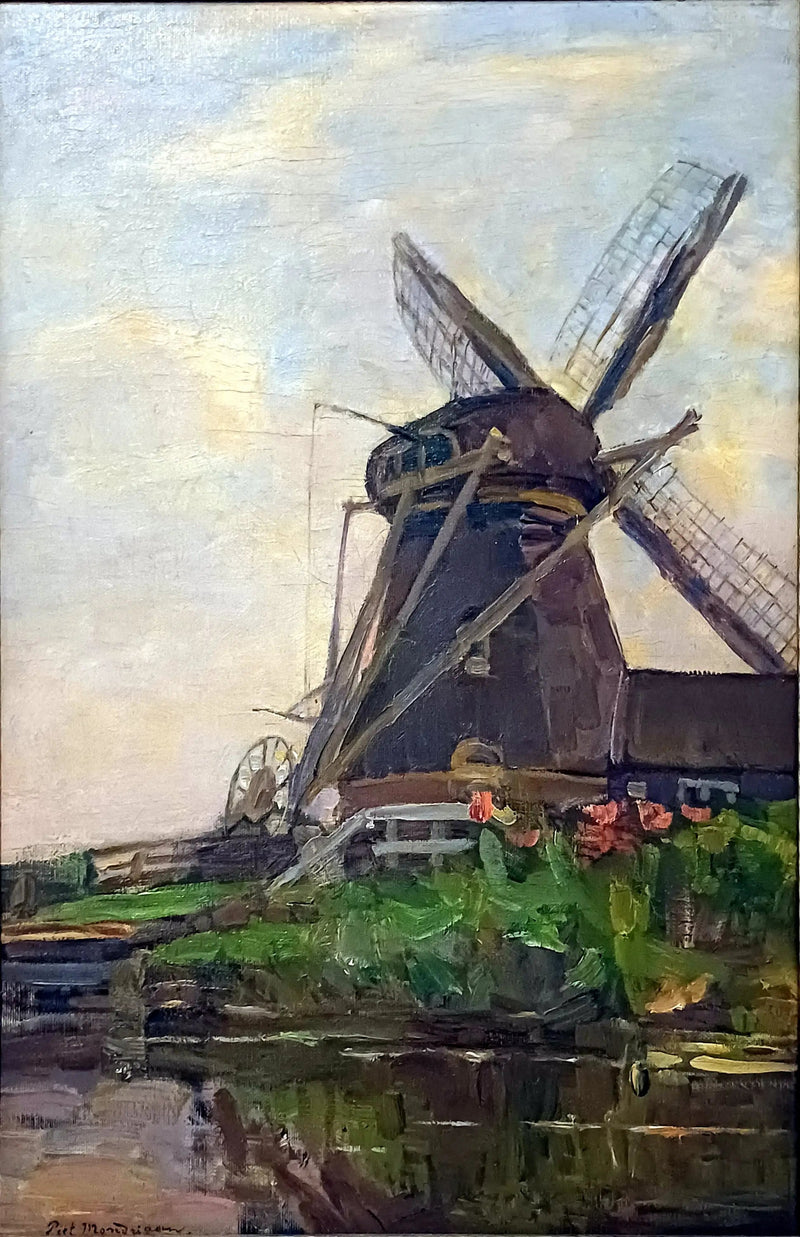 Oostzijdse Mølle, vertikal olie skitse med blå himmel - Piet Mondrian