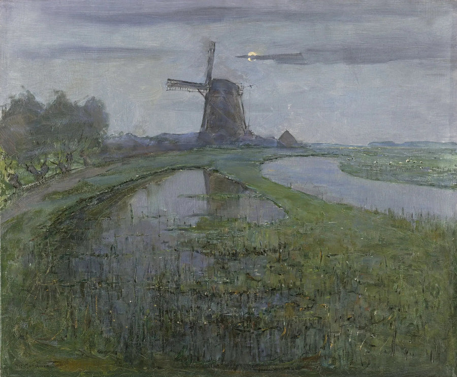 Møllen ved Oostzijdse langs Gein-floden i måneskinnet - Piet Mondrian