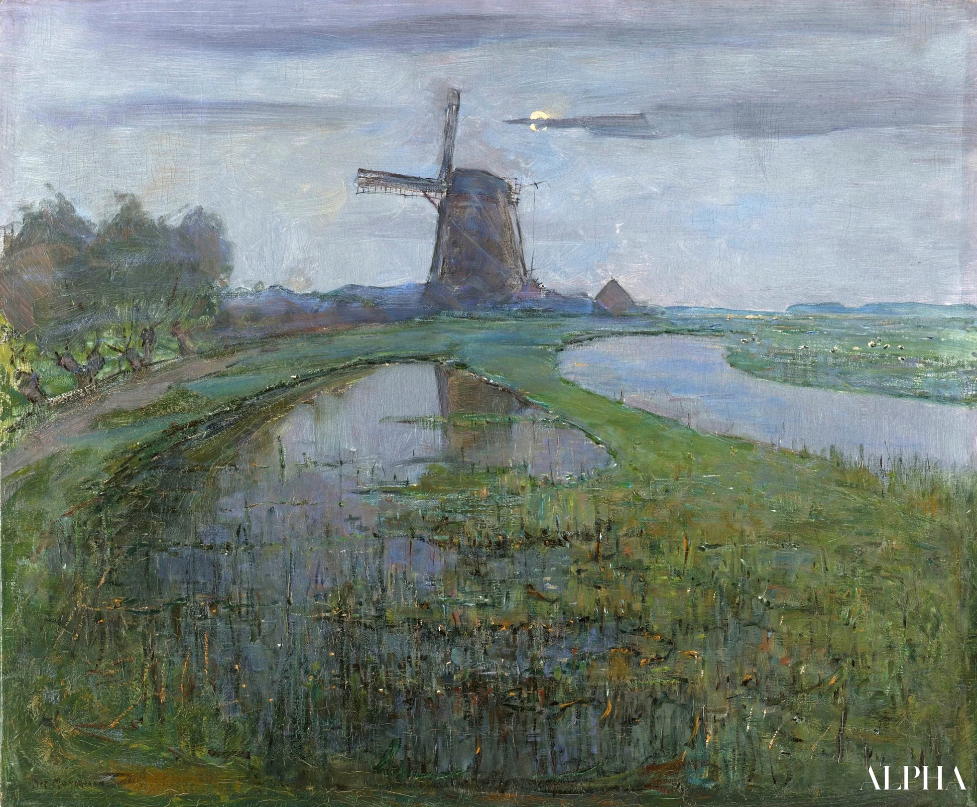 Moulin de l'est langs Gein-floden i måneskinnet - Mondrian - Reproduktioner af malerier og højkvalitets malerier