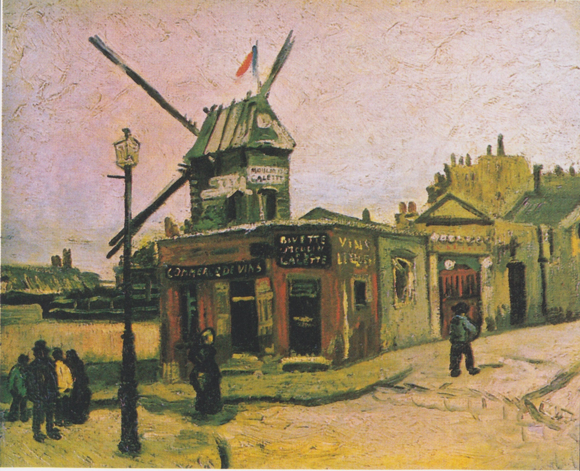 Le Moulin de la Galette F228 — façade rouge, moulin et passants peints par Vincent van Gogh