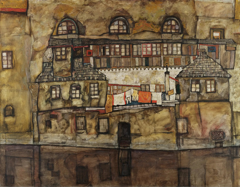 Husmur ved floden - Egon Schiele
