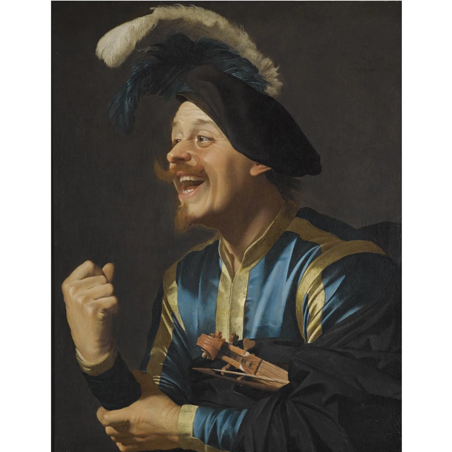 Smilende musiker med en violin under armen - Gerrit van Honthorst
