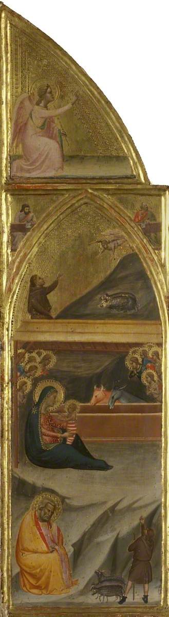 Fødsel, og to evangelister, og englen ved Annunciationen (triptyk, venstre panel) (forside) - Bernardo Daddi